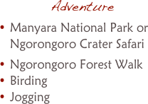 AdventureManyara National Park or Ngorongoro Crater Safari
Ngorongoro Forest WalkBirdingJogging